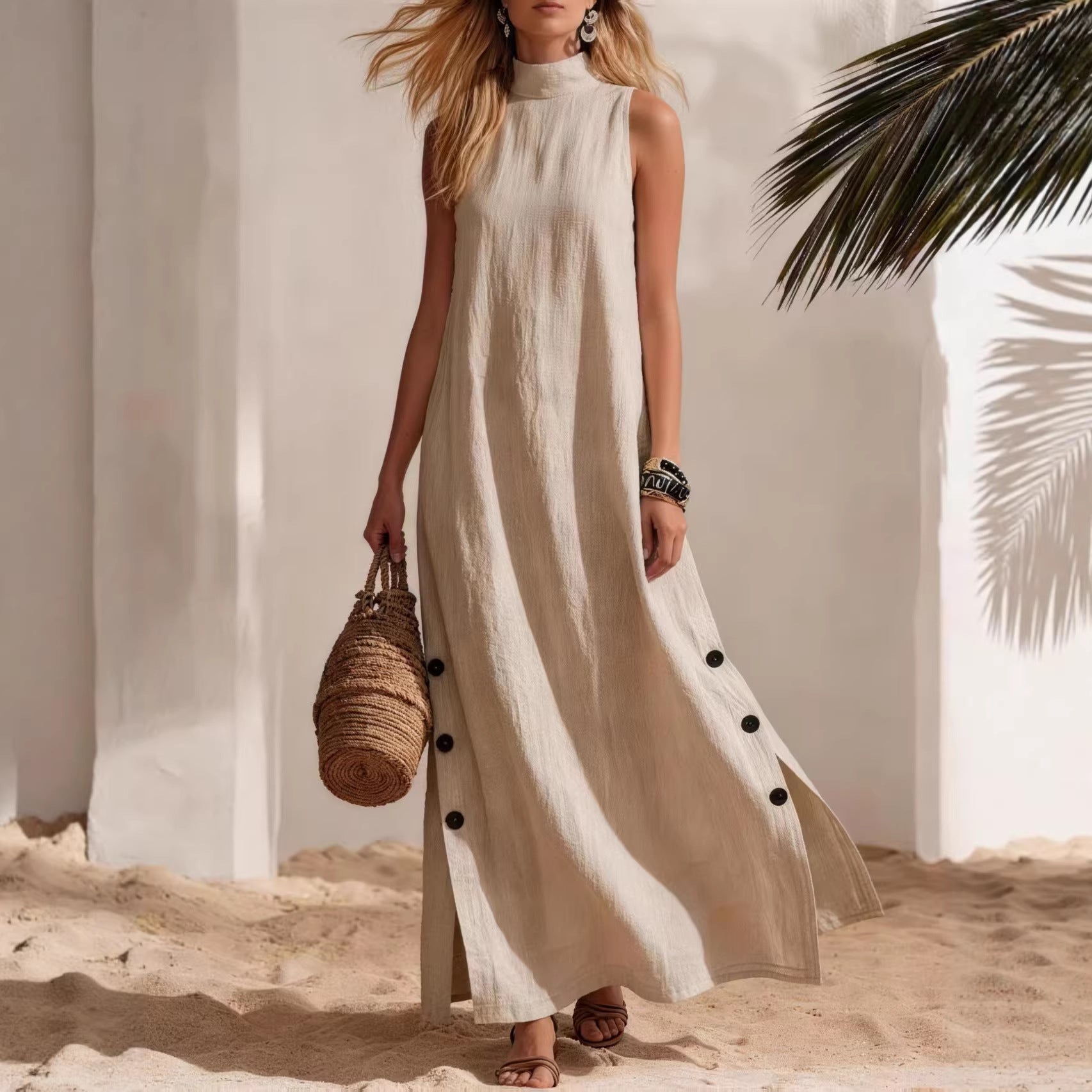 Cotton Linen Sleeveless Midi Dress with Side Slits – Loose Fit