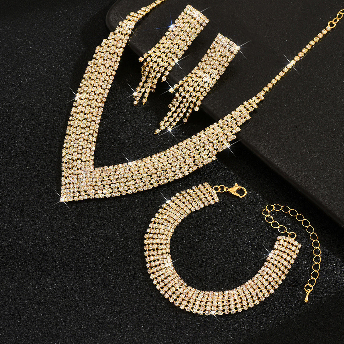 Women 3 Pcs Gold Tone V Shape Tassel Rhinestone Jewelry Set,Necklace Dangle Earrings Bracelet,Glam Bridal Costume Accessories For Wedding Banquet Party Occasion