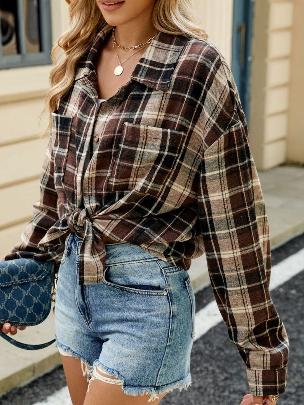 Brown and Black Plaid Long Sleeve Button-Down Collared Shirt - Image 14