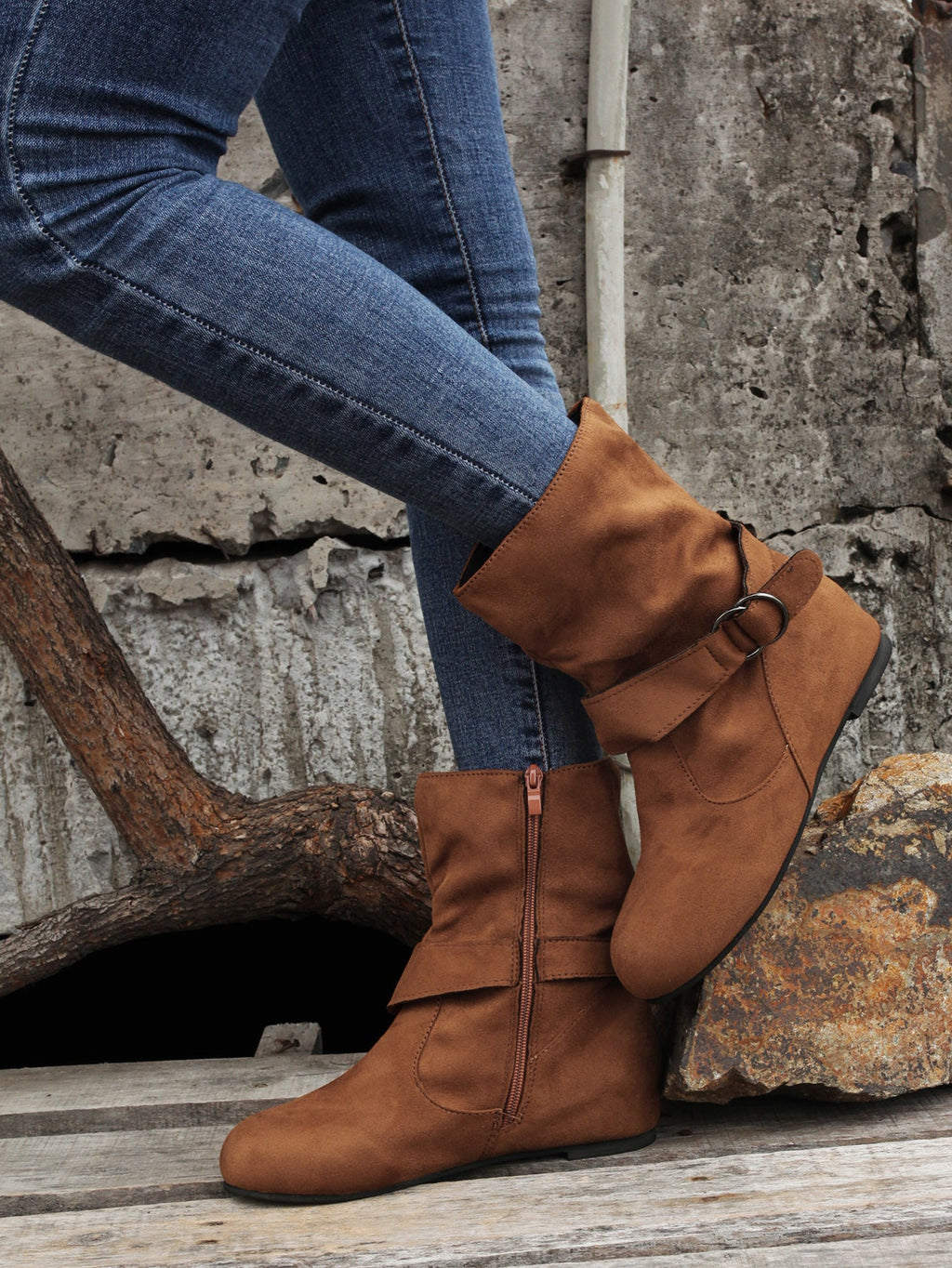 Women's Ankle Boots with Buckle Belt & Side Zip