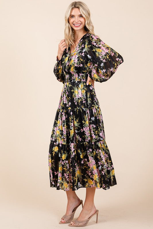 Floral Print Satin Lurex Stripe Smocked Midi Dress