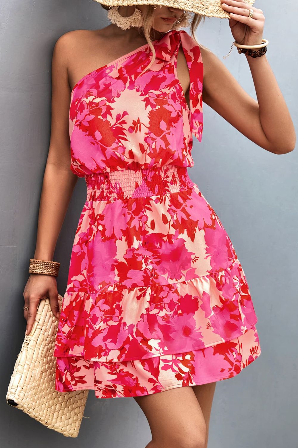 Pink Smocked One-Shoulder Printed Mini Dress Summer Style