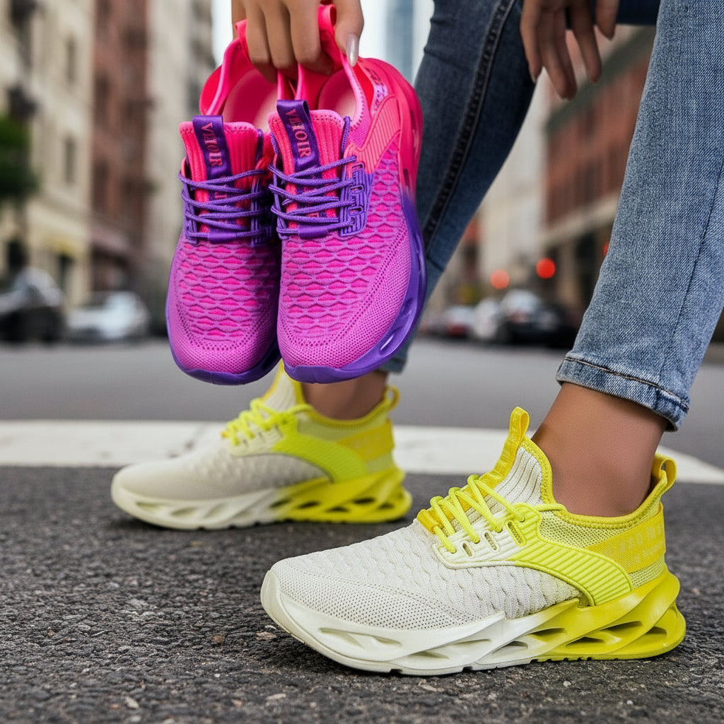 Women’s Yellow and Pink Sporty Knit Running Sneakers - Image 2