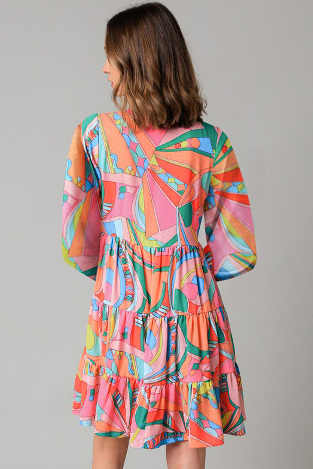 Multicolored Abstract Print Tie Neck Mini Dress