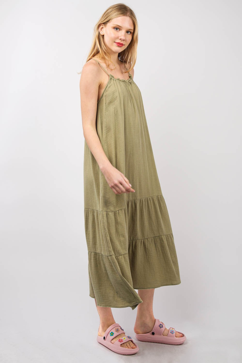 Ruffled A-Line Midi Cami Dress in Olive Green