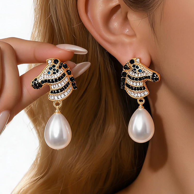Womens Zebra Shaped Rhinestone And Pearl Inlaid Pendant Stud Earrings,Costume Earrings For Daily Party Wear