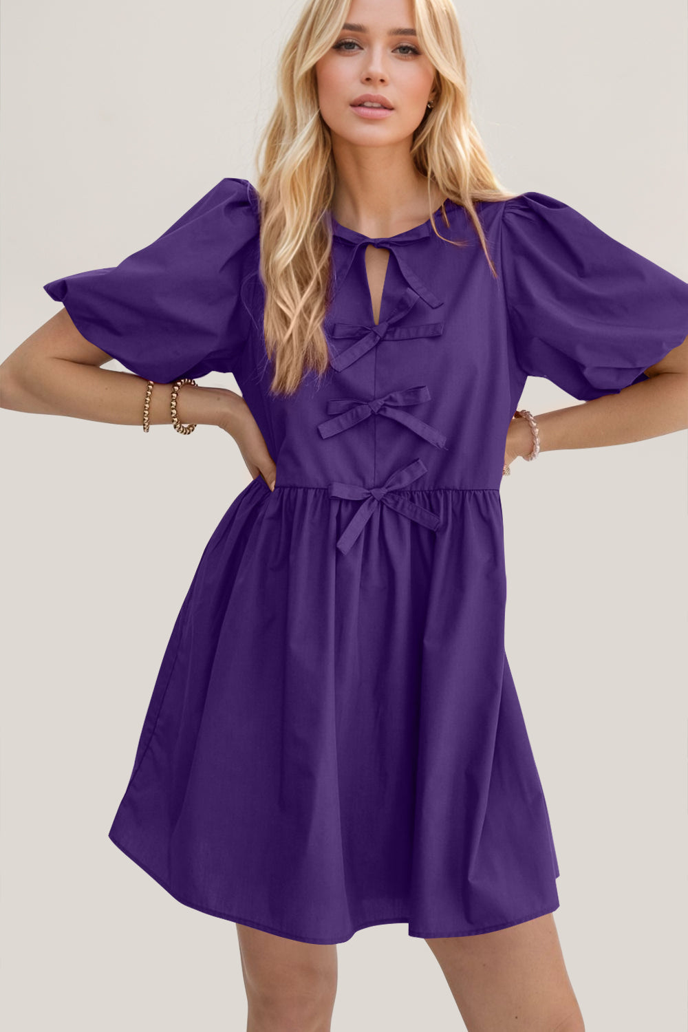 Ruched Puff Sleeve Mini Dress with Bow Detail