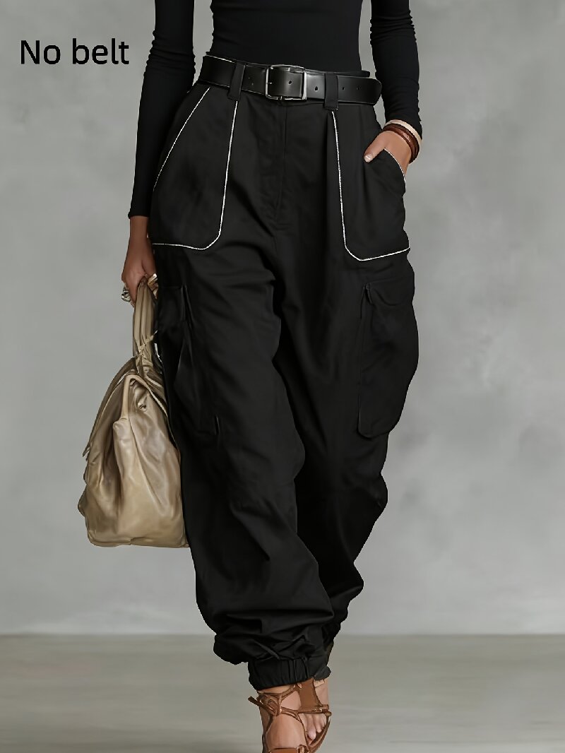 Women's Olive Green High-Waisted Cargo Pants with Yellow Piping - Image 3