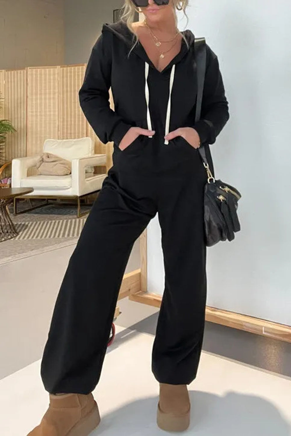 Women's Grey Long Sleeve Hooded Jumpsuit with Drawstring Waist - Image 9