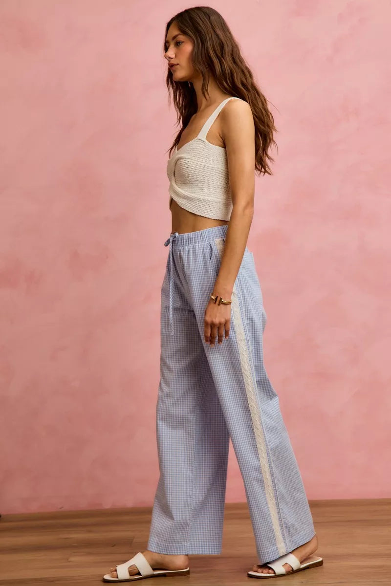 Women's Wide Leg Check Pants with Lace Trim in Light Blue White