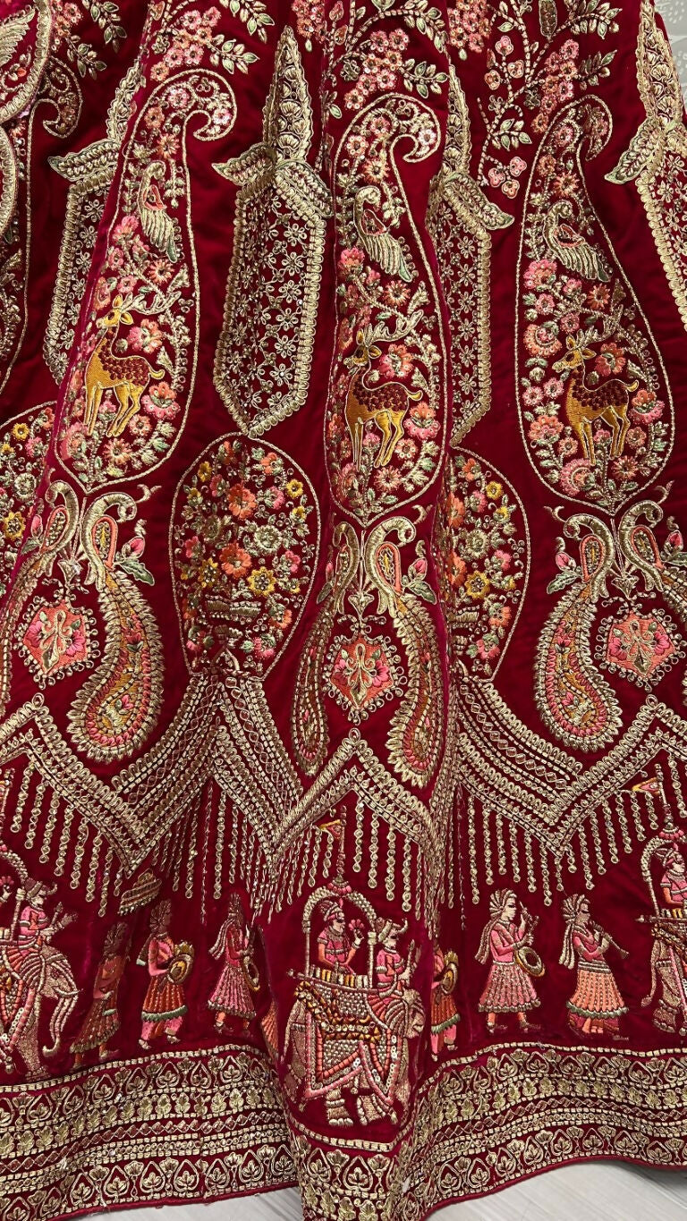 Rani Pink Velvet Zircon Diamond Work Embroidered Wedding Lehenga
