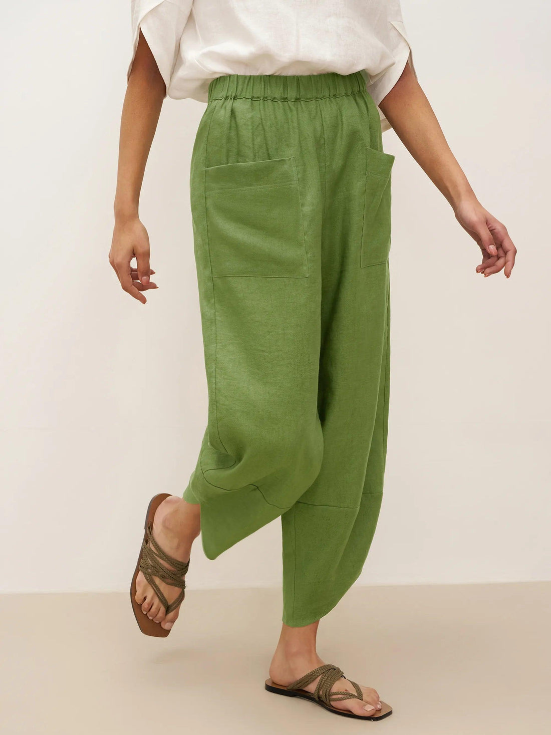 100% Linen Petal-Hem Trousers with Elastic Waist LIV