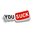 A stack of rectangular stickers with the text YOU SUCK, featuring white letters on a red background and black letters on a white background.