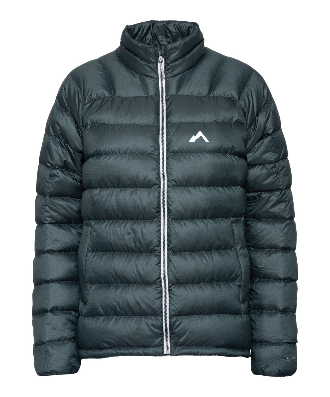 Womens Palisade Down Insulator Jacket in dark green, featuring a high collar, full-length front zipper, and channel-quilted construction.