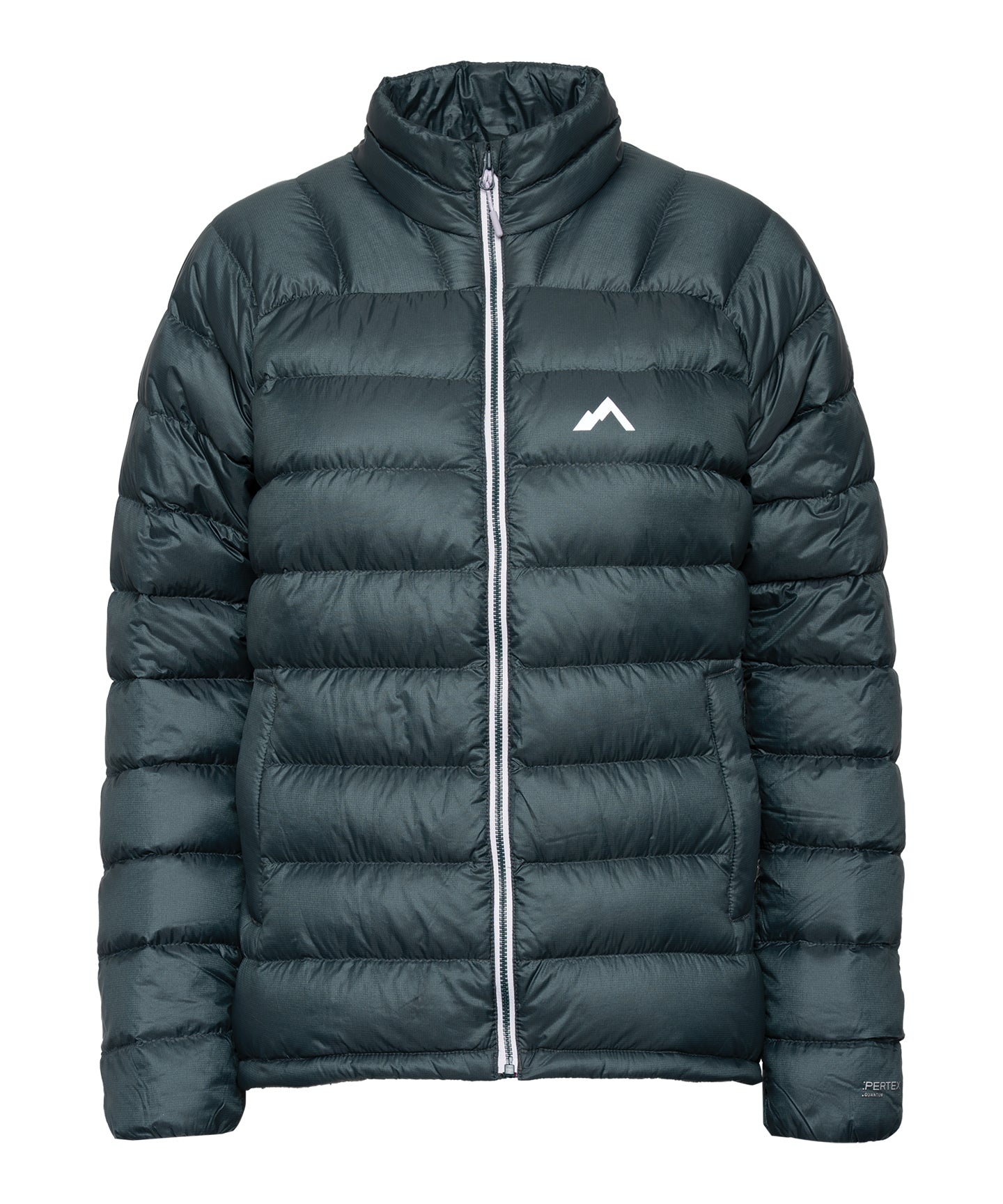 Womens Palisade Down Insulator Jacket in dark green, featuring a high collar, full-length front zipper, and channel-quilted construction.