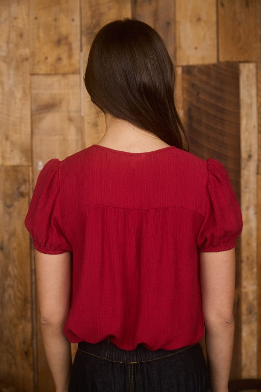 Red Eyelet Lace Trim Double Front Tie Puff Sleeve Top