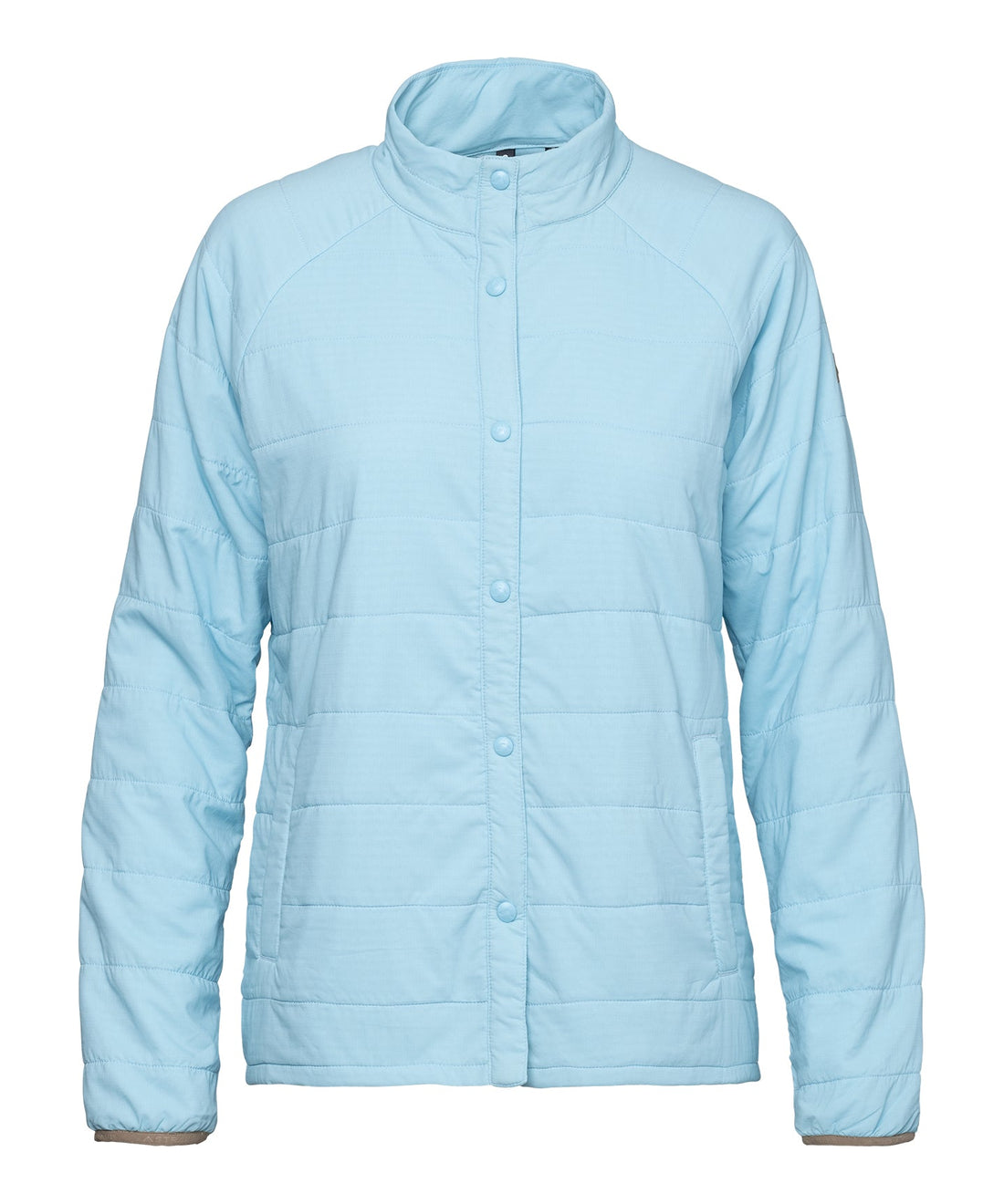 A light blue Highlands shirt jacket with a mock neck, snap buttons, and quilted finish.