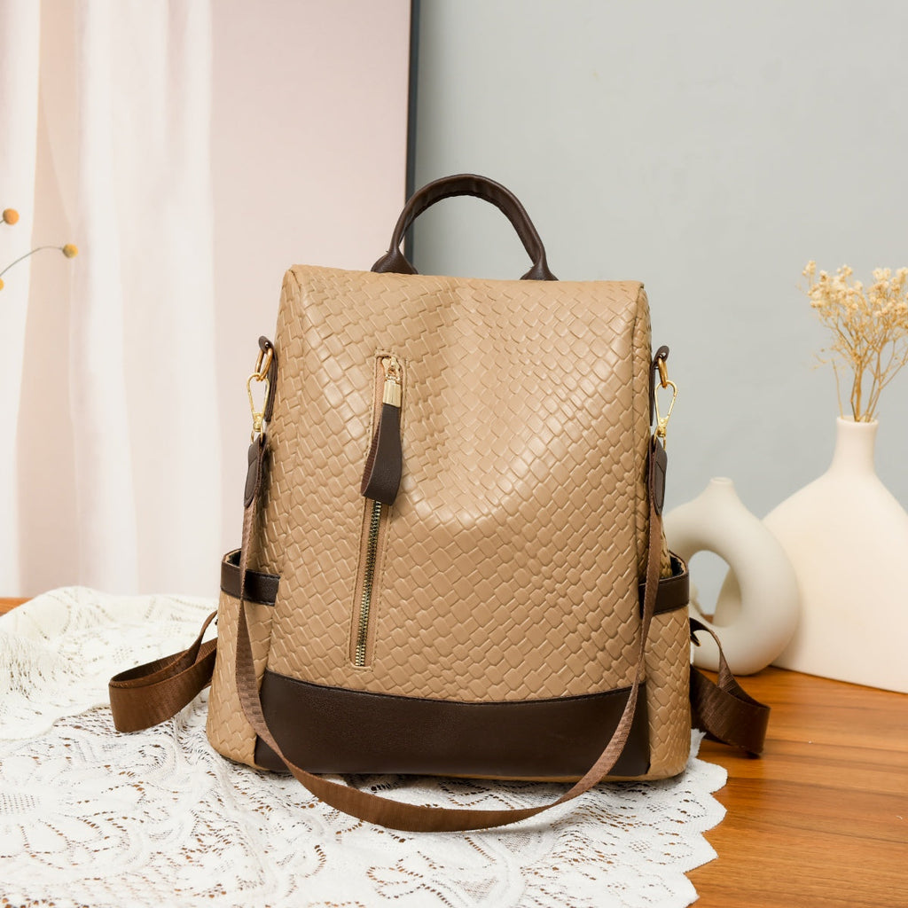 Woven Texture PU Leather Backpack Convertible Shoulder Bag