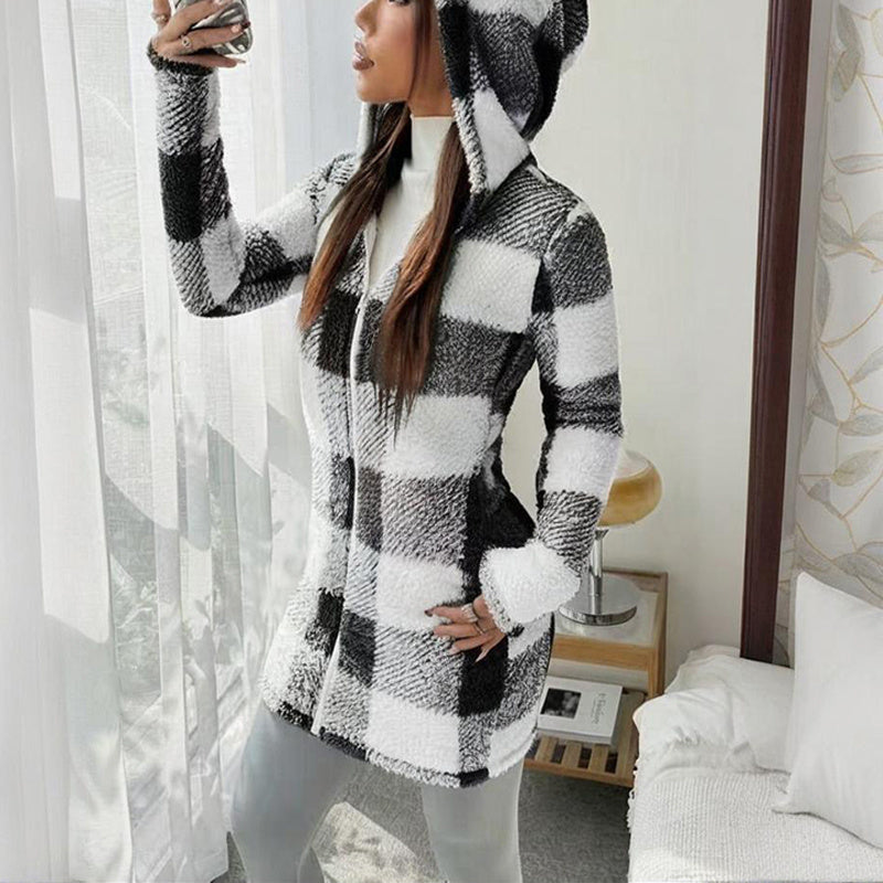 Women's Black and White Plaid Hooded Sherpa-Lined Long Coat - Image 6