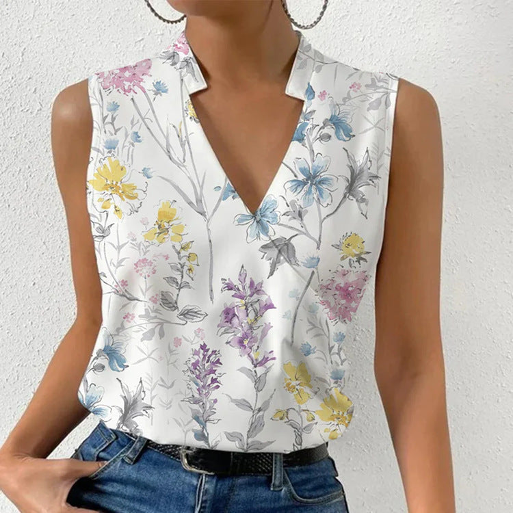 Women's Floral Digital Print Sleeveless V-Neck Summer Blouse - Image 8