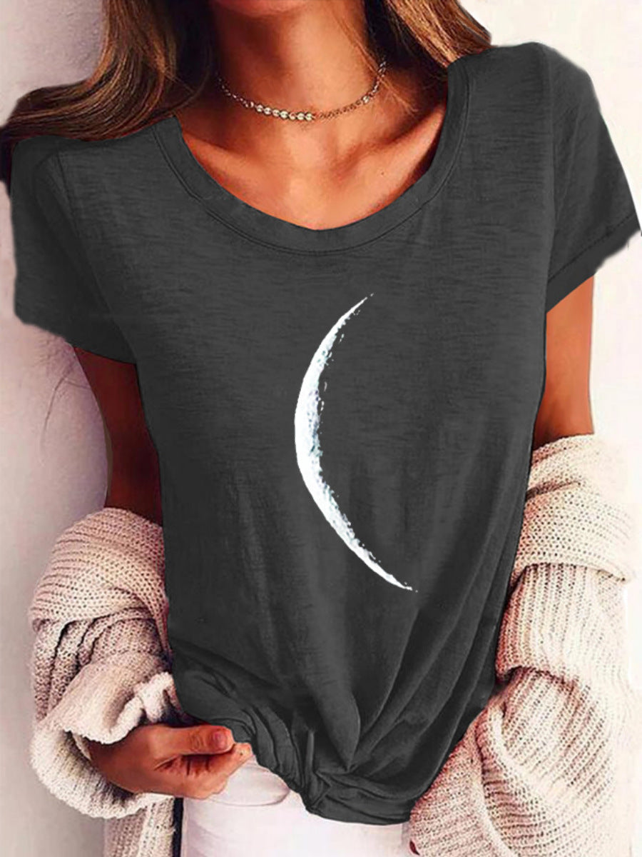Women Short Sleeve Crescent Moon Print T-Shirt Casual Wide Neck - Image 6