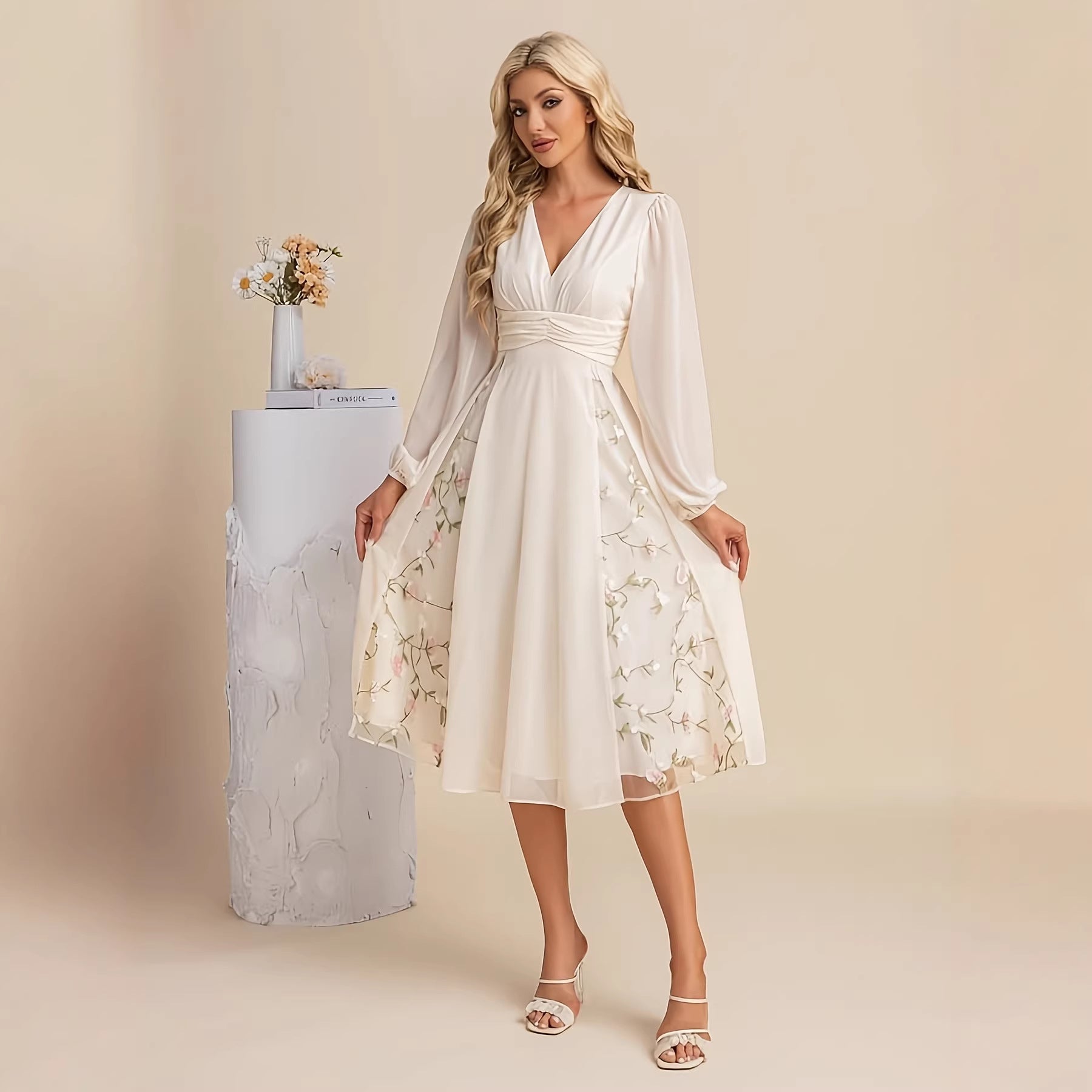 Floral Long Sleeve V-Neck Midi Dress with Pleated Flared Hem - Image 2