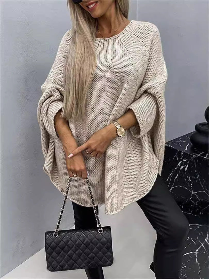 Oversized Batwing Sleeve Pullover Sweater with Shawl Detail