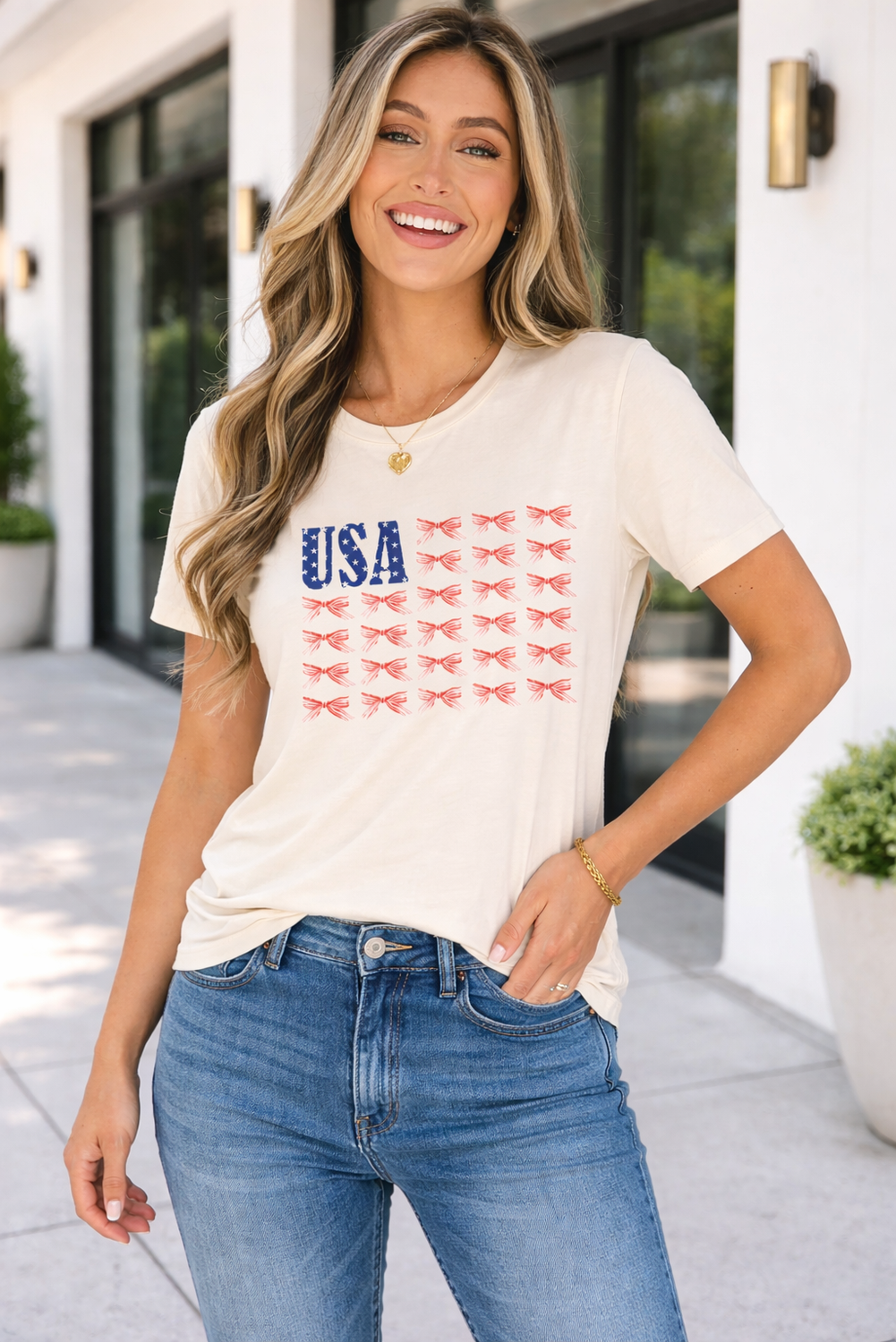 Americana Tee Duo featuring patriotic graphic designs in off-white, red, and blue