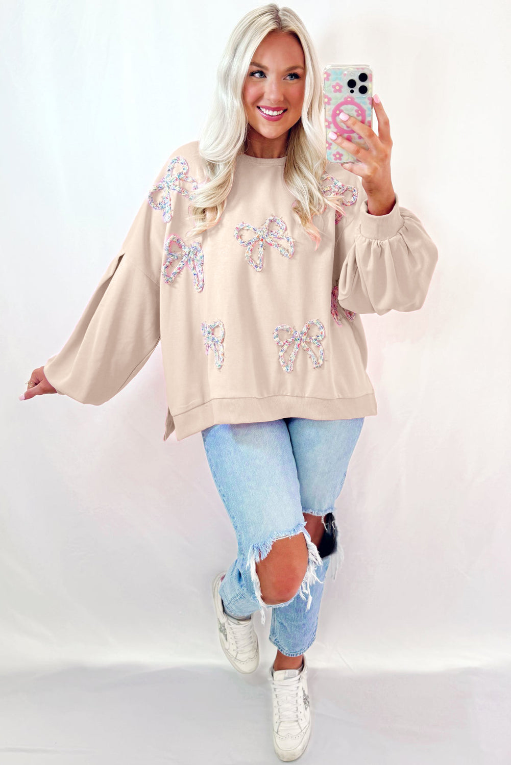 Parchment Embroidered Bow Lantern Sleeve Oversized Sweatshirt