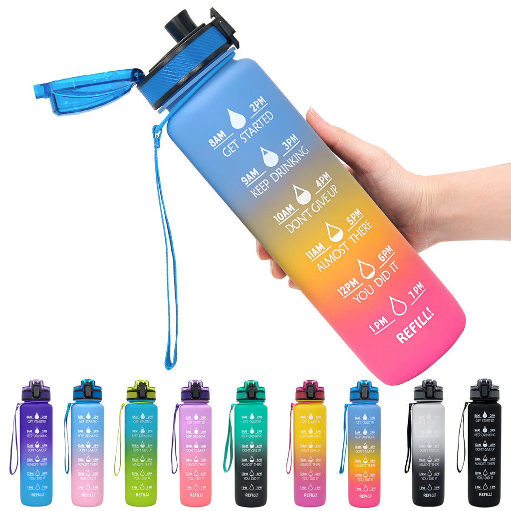 1L clear Tritan motivational water bottle with time markers and a bounce cover lid