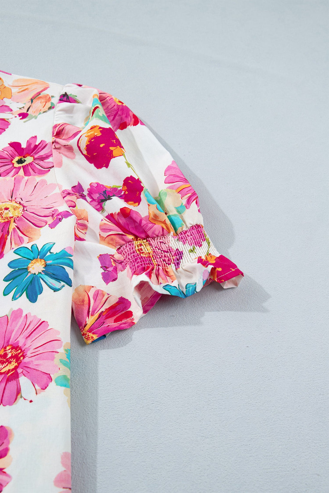 Alma Floral Blouse with Striped Trim and Puff Sleeves