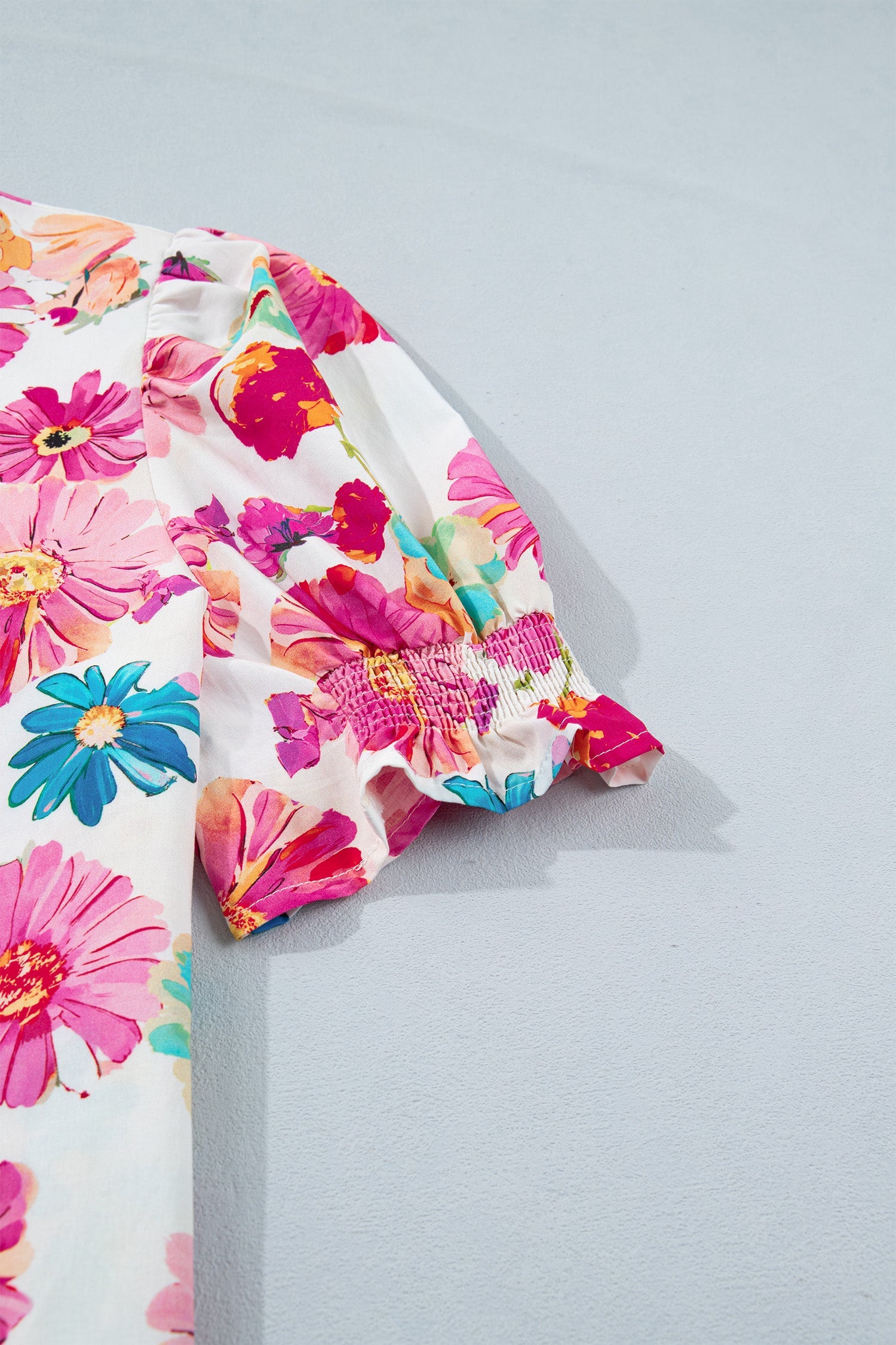 Alma Floral Blouse with Striped Trim and Puff Sleeves