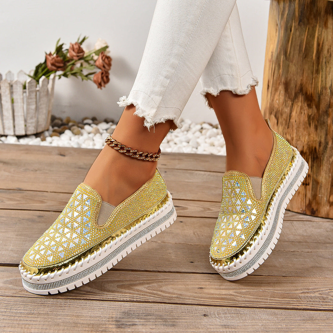 Women's Rhinestone Embellished Thick Sole Slip-On Casual Sneakers - Image 5