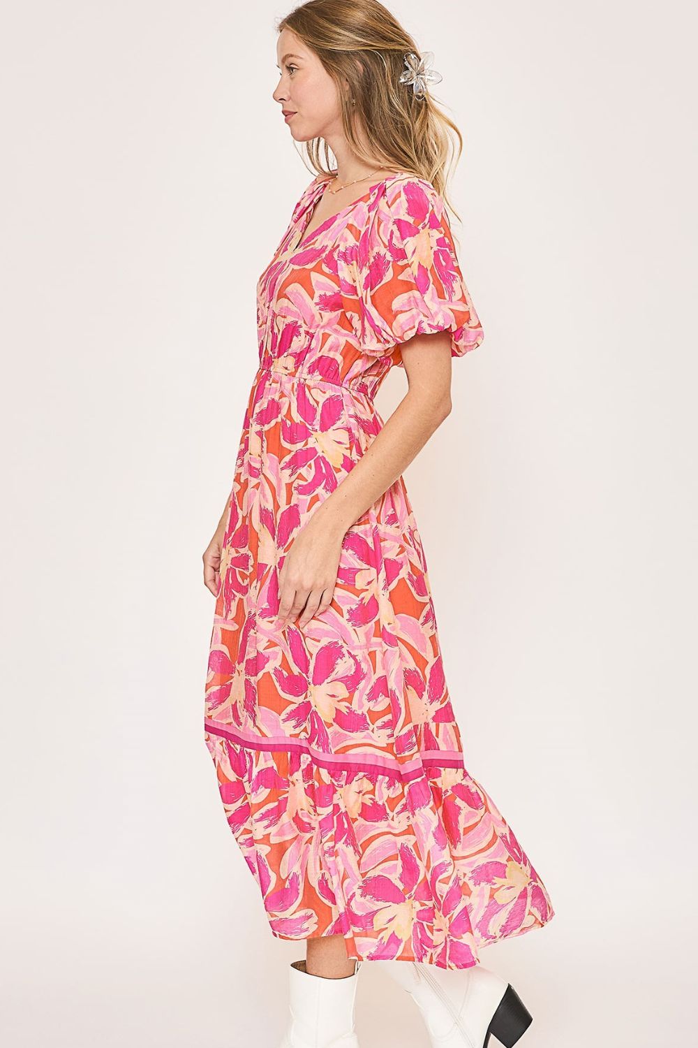 Floral Notched Puff Sleeve Midi Dress in Bright Colors