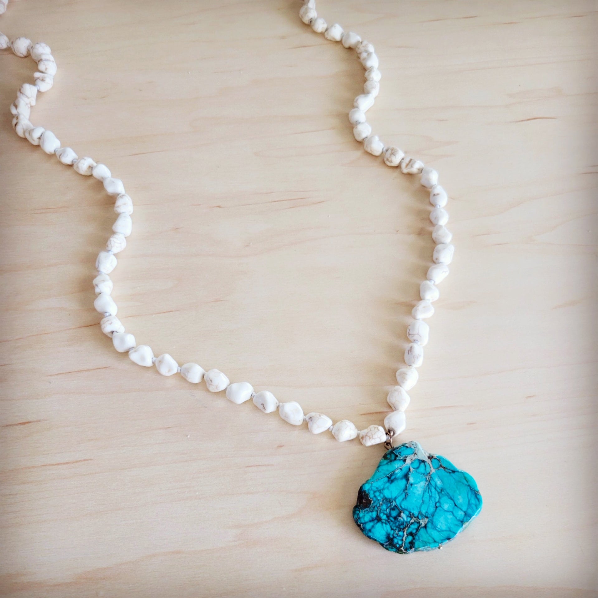 Long White Turquoise Beaded Necklace with Regalite Slab Pendant - Image 6