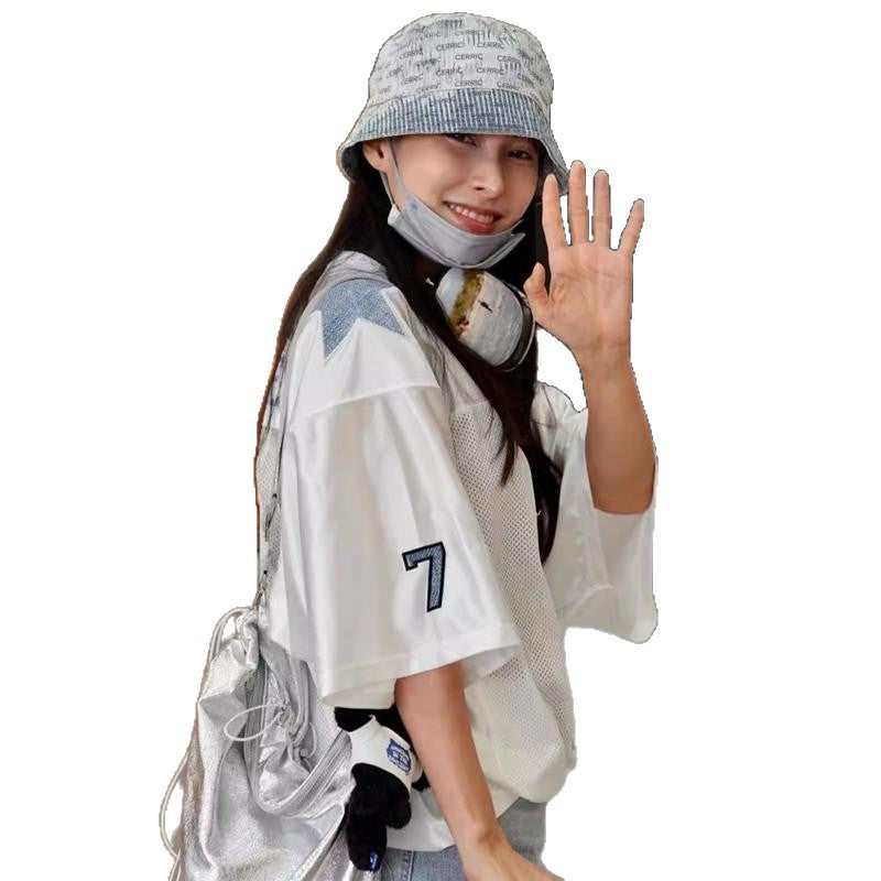 Harajuku Digital Mesh Short Sleeve T-Shirt with Number 7 Print - Image 6