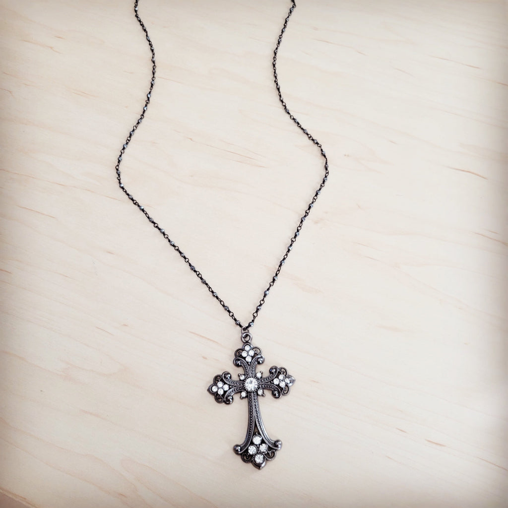 Victorian Filigree Cross Necklace with Gunmetal Finish and Stones