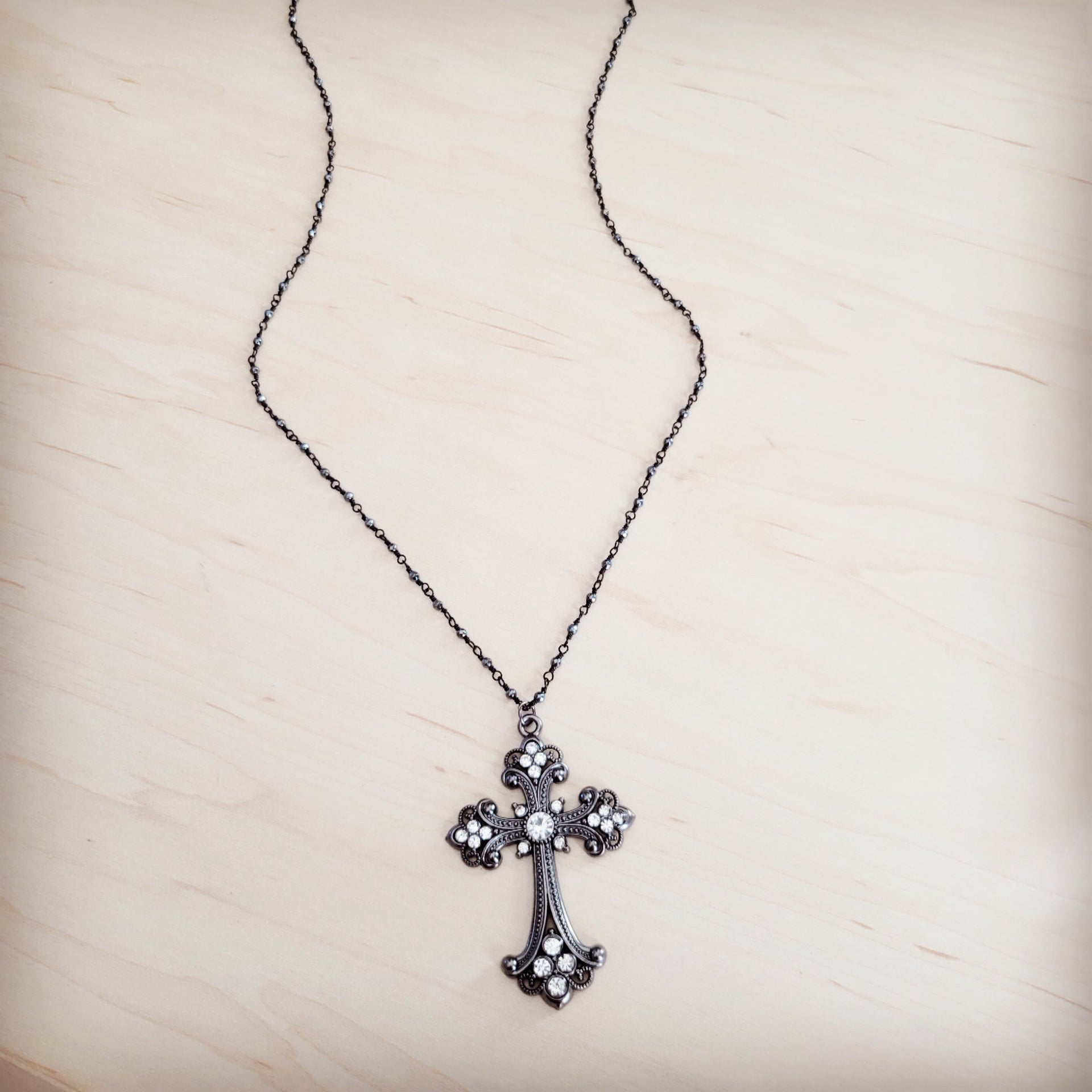 Victorian Filigree Cross Necklace with Gunmetal Finish and Stones