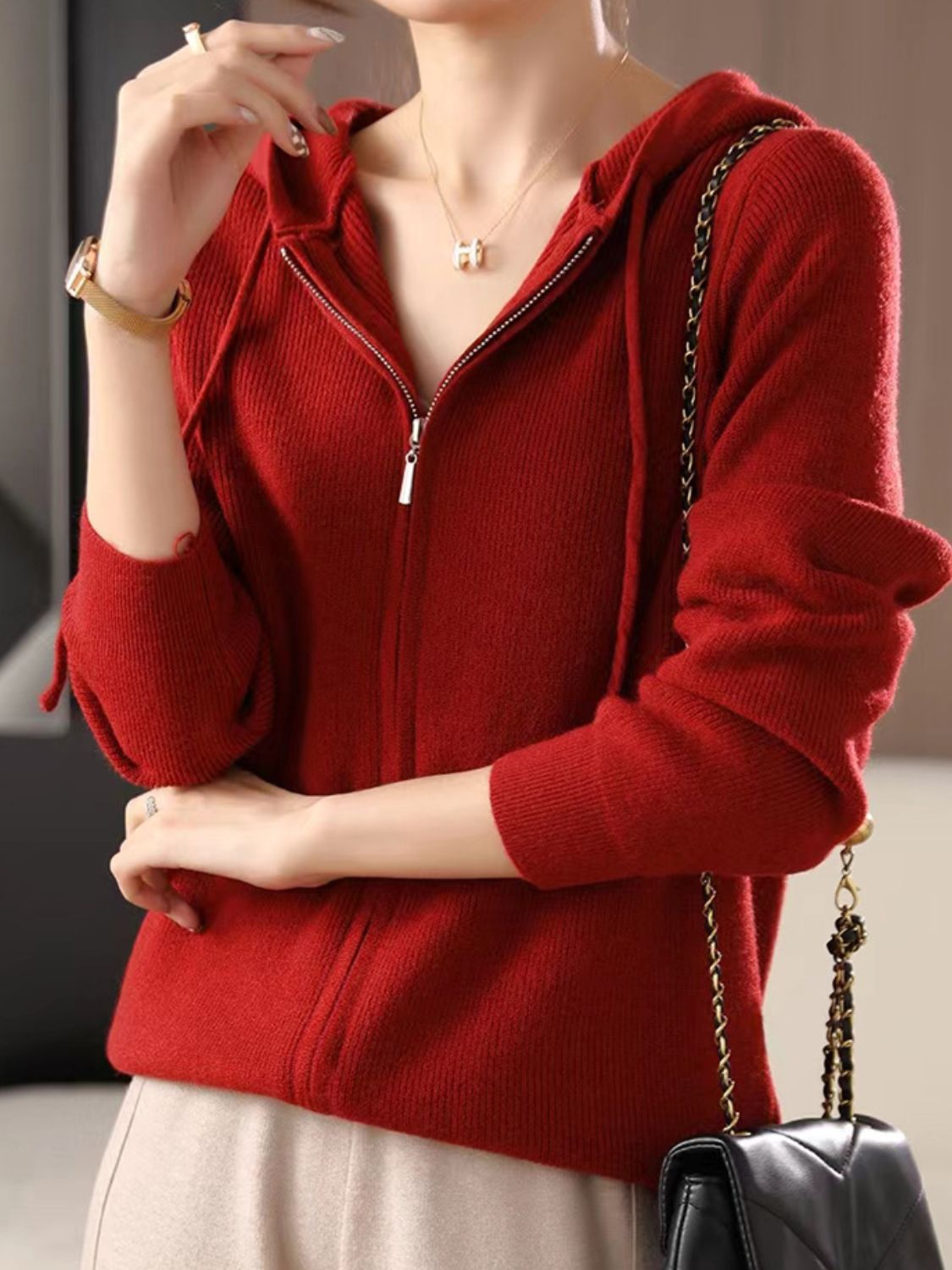 Women's Brown Long Sleeve Zip Up Knit Hoodie with Drawstring - Image 9