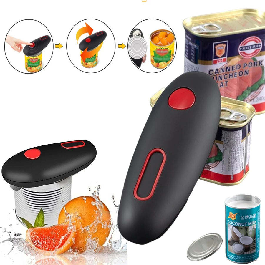 Matte black automatic electric can opener with red button, minimalist kitchen style