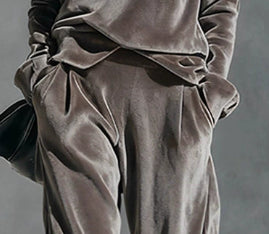 Women's Grey Velvet Cold-Shoulder Turtleneck Pants Set