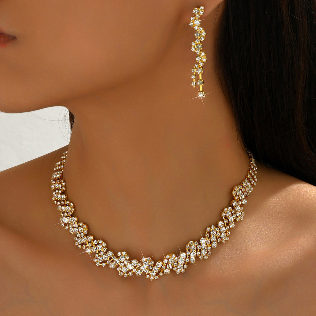 Full Diamond Jewelry Multi-Color Cross-Border European And American Necklace Earrings Set Bridal Ring New Two-Piece Set Fashionable Winter Accessories