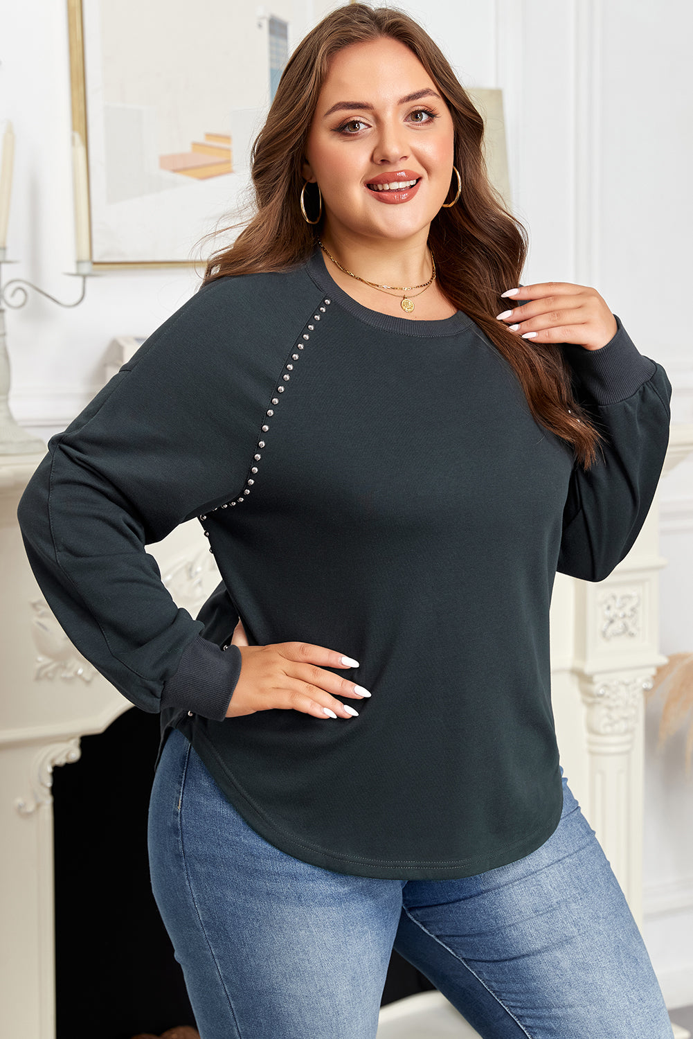 Plus Size Solid Ribbed Edge Studded Mineral Wash Top
