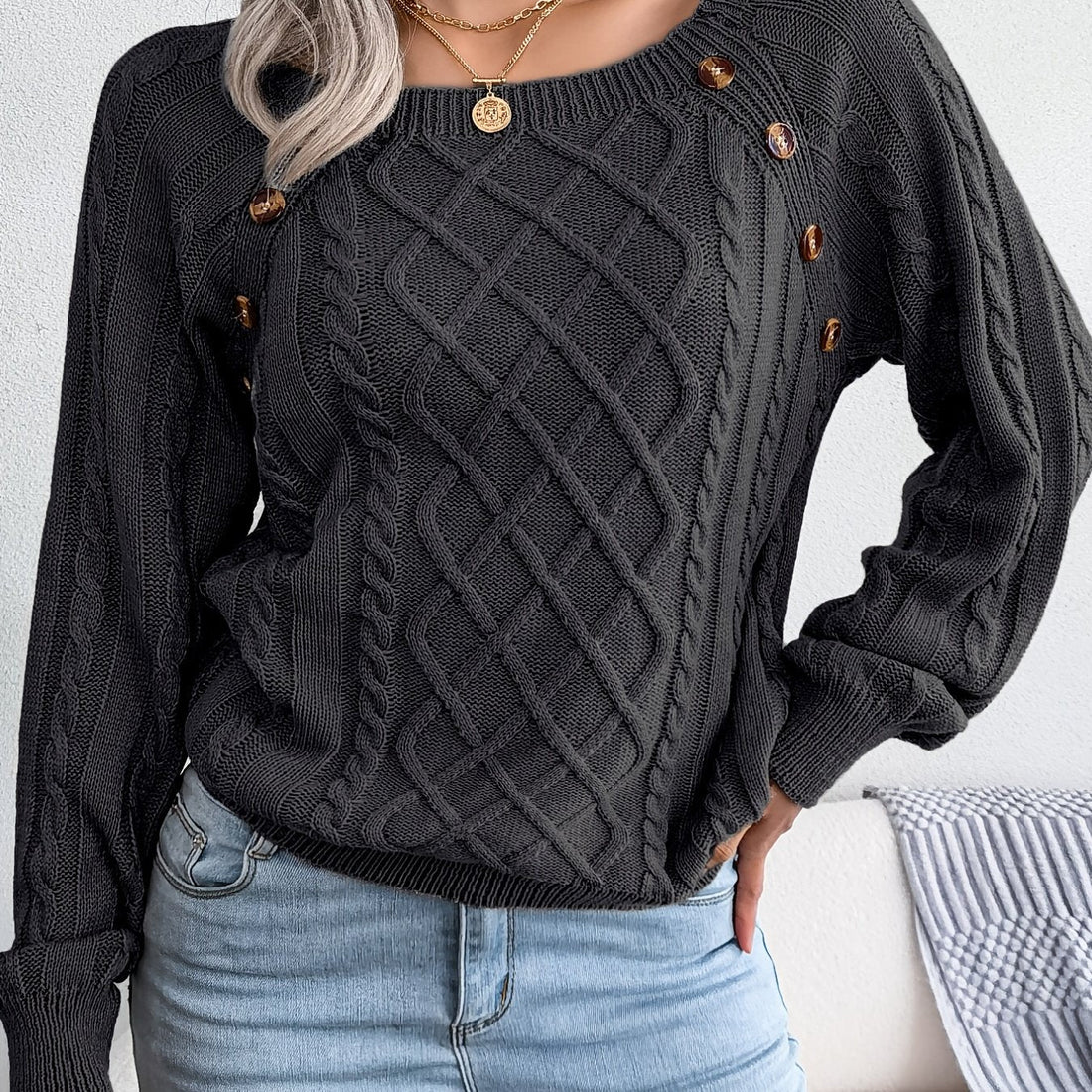 Women's Textured Cable Knit Sweater with Decorative Buttons - Image 17
