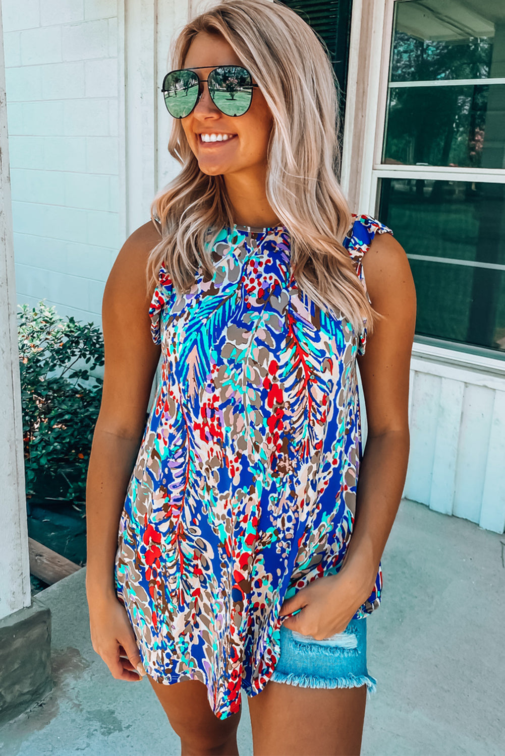 Rosy Boho Abstract Print Ruffle Sleeveless Babydoll Shirt