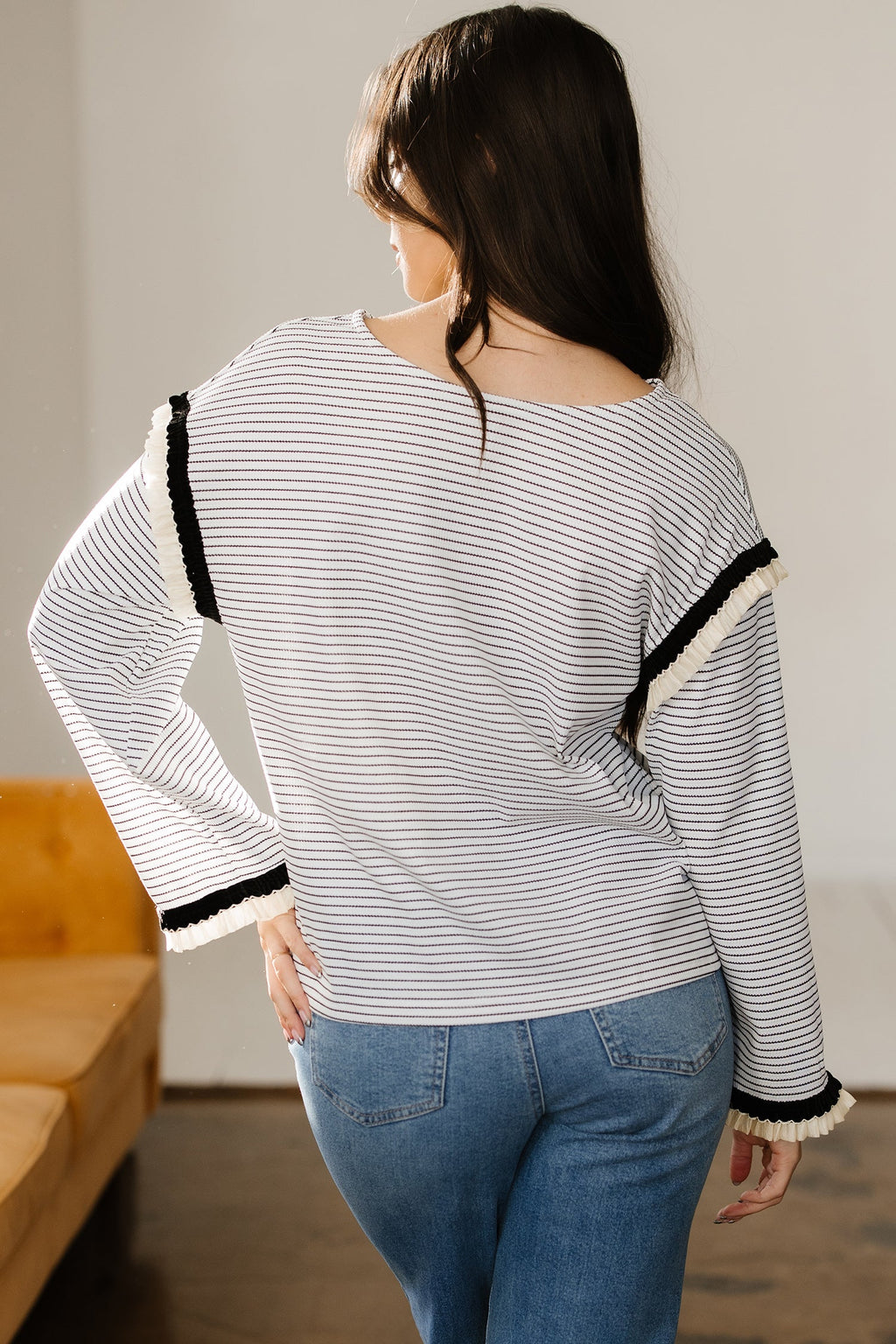 Women's Striped Long Sleeve Knit Top with Ruffle Trim