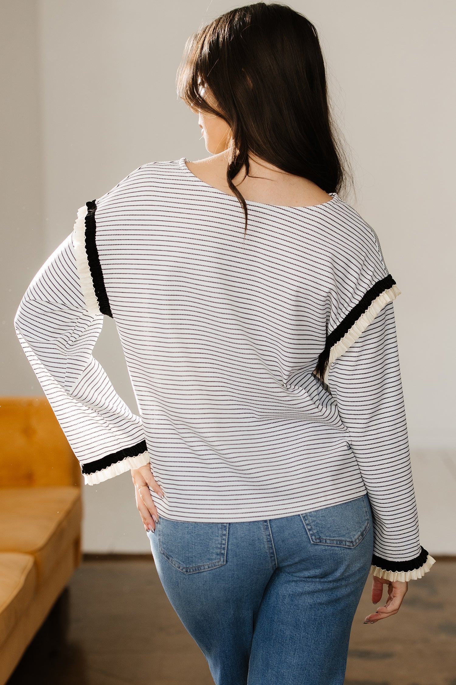 Women's Striped Long Sleeve Knit Top with Ruffle Trim