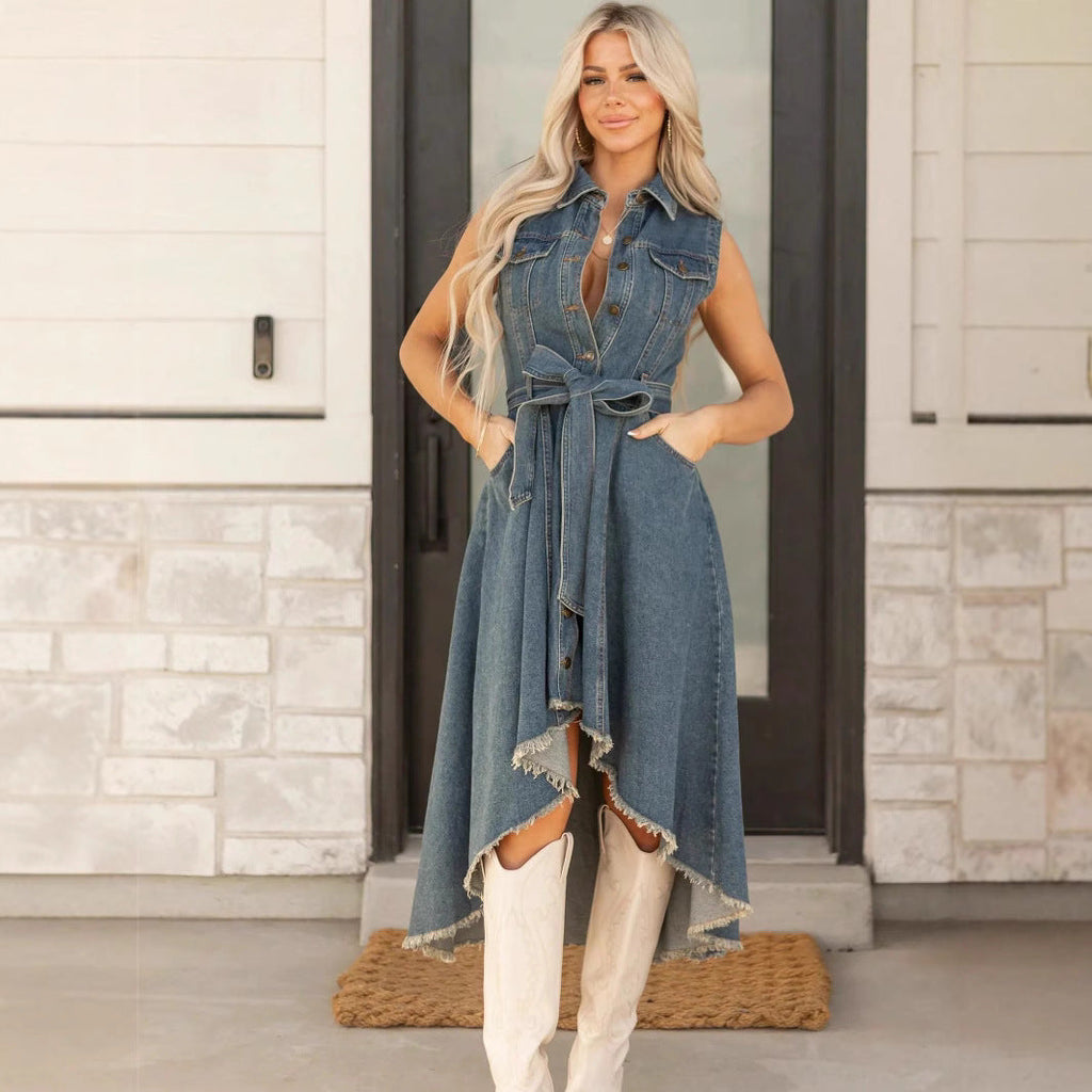 Sleeveless Denim Midi Dress with Irregular Hem and Button Front