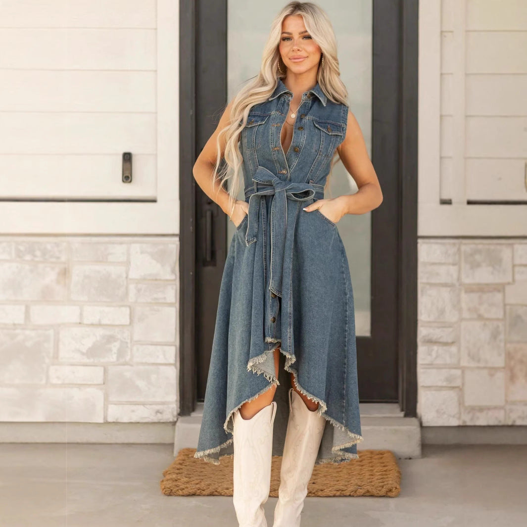 Sleeveless Denim Midi Dress with Irregular Hem and Button Front