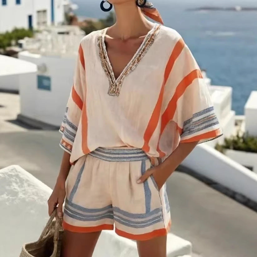 Women’s Linen Striped V-Neck Top and Shorts Set - Image 5